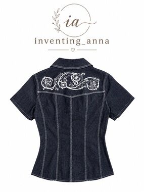 Susan Graver Black Denim Embroidered Sequin Western Short Sleeve Shirt